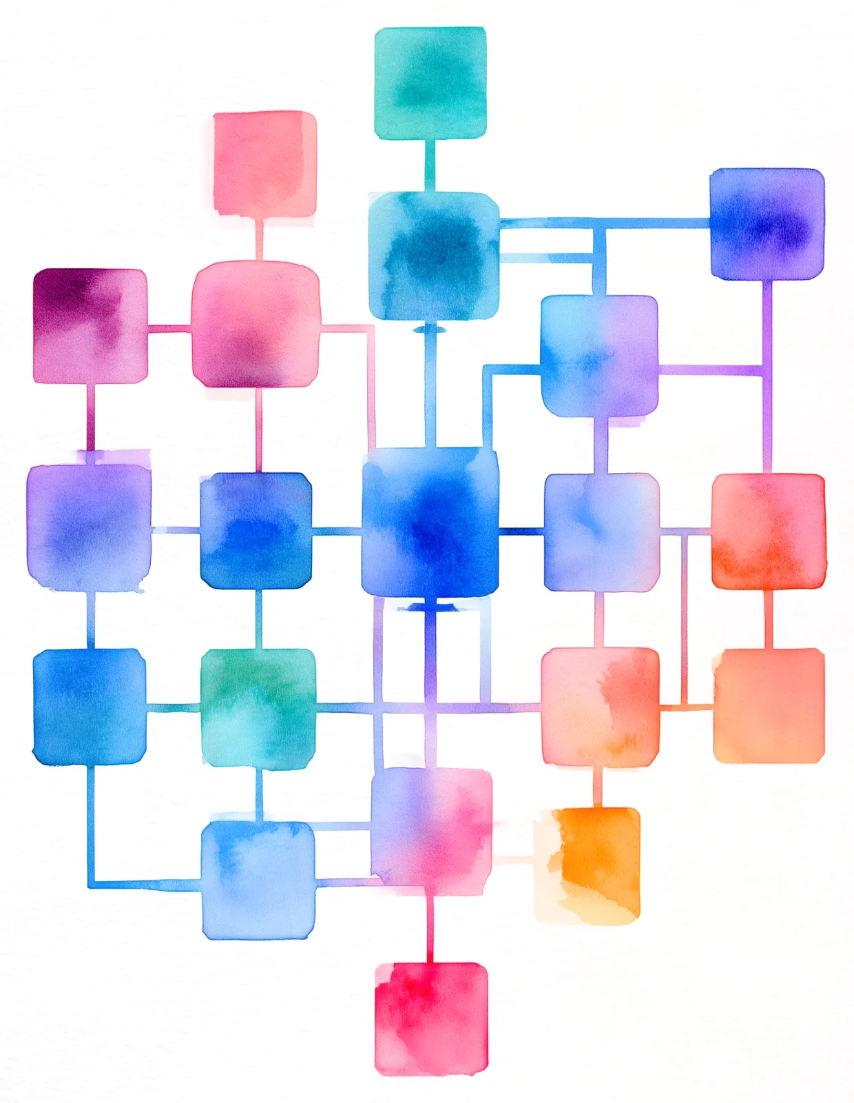 A watercolor network of colored blocks joined by lines