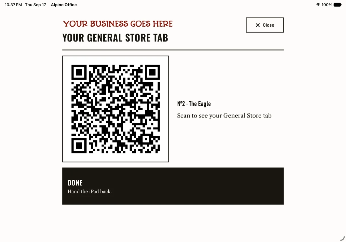A full-screen QR code for the guest's General Store tab, with a Done button that says: hand the iPad back.