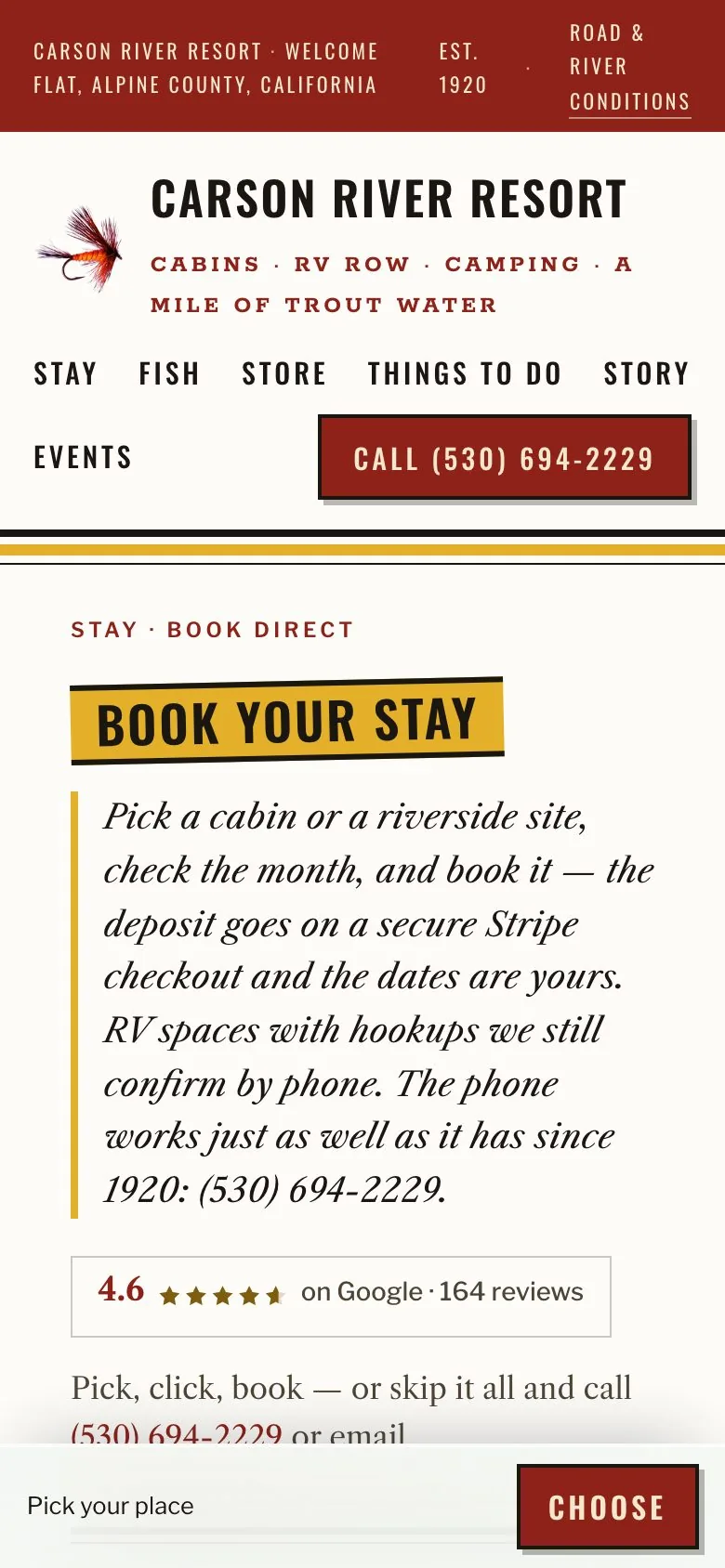 The booking page on a phone: Book Your Stay, with the Google rating and the place picker.