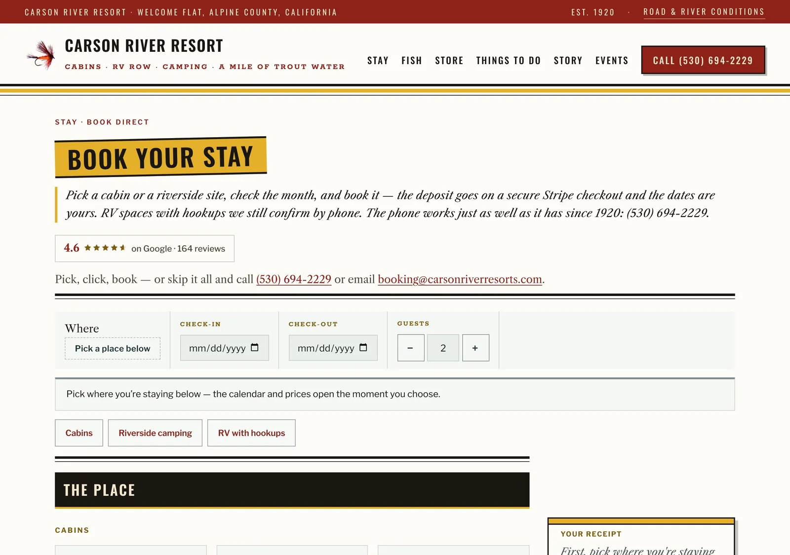The booking page: pick a cabin, dates and guests, with the deposit taken on Stripe.