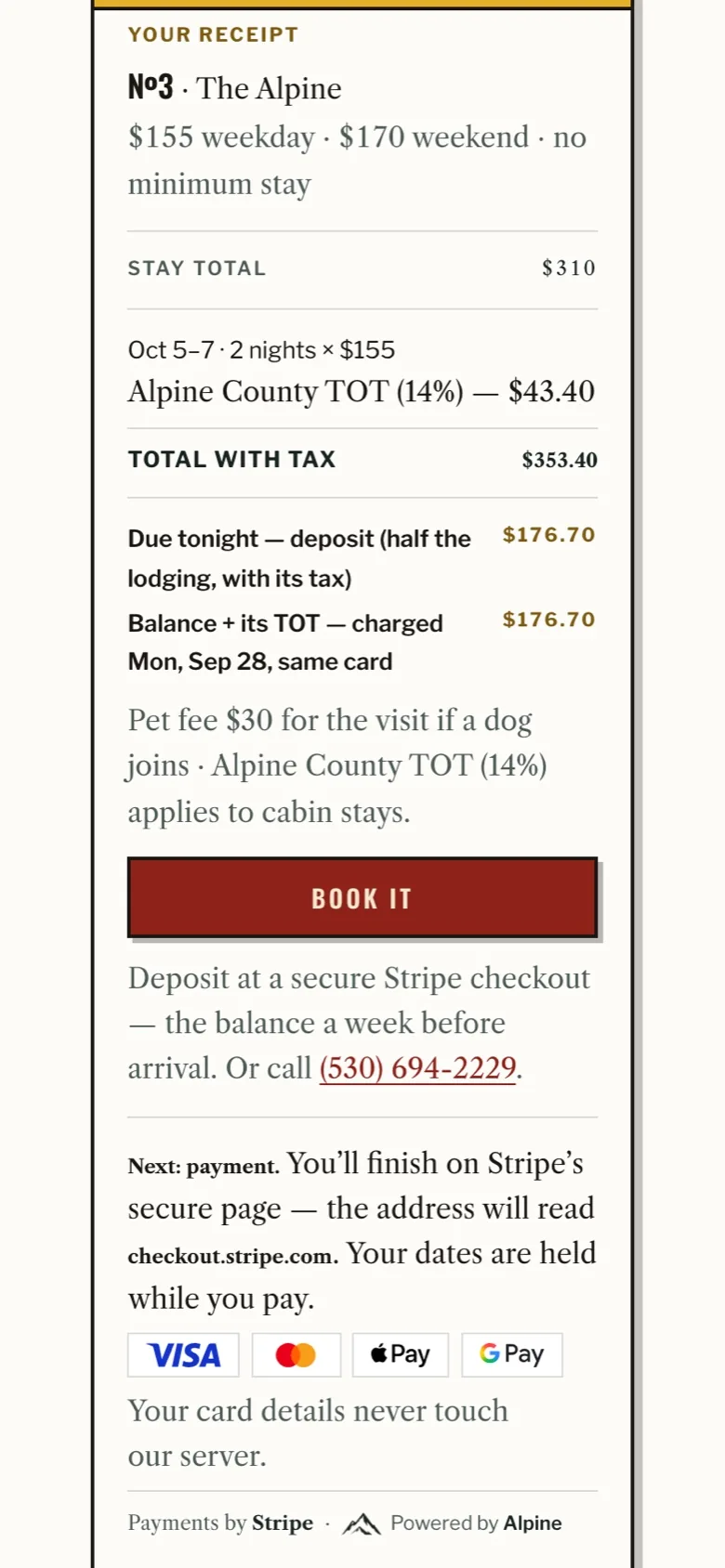 The receipt after picking №3 The Alpine for Oct 5–7: the stay total, the county tax, the deposit due tonight, the balance charged a week before arrival, the Book It button, and the note that payment finishes on Stripe's secure page.