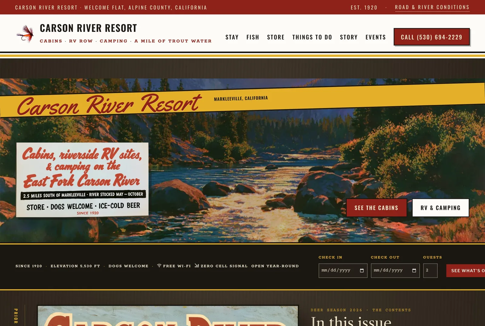 The Carson River Resort home page: a painted river scene under the resort's script name, with a check-in and check-out box below.