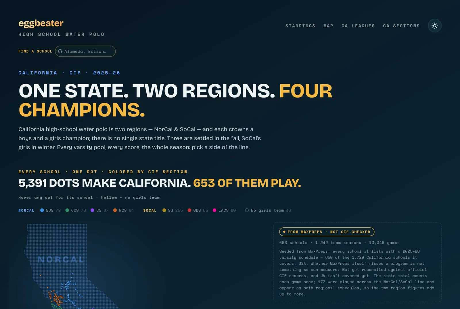 hs.eggbeater.app: 'One state. Two regions. Four champions.' with every California school drawn as a dot, colored by section.
